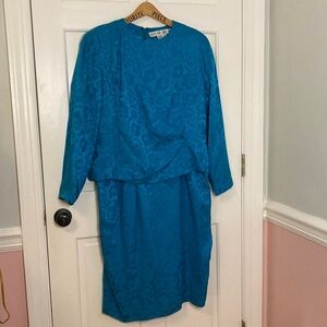 80’s Silk Jacquard Teal Long Sleeve Dress